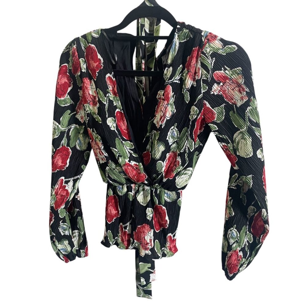 Petal and Pup Minelli Pleated‎ Long Sleeve Wrap Top Black Rose Size S